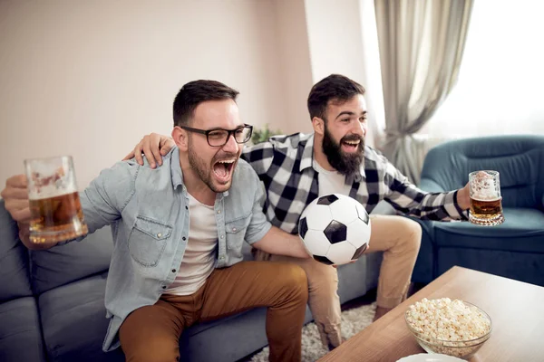 Friendship Sport People Entertainment Concept Football Fans Watching Soccer Home — Stock Photo, Image