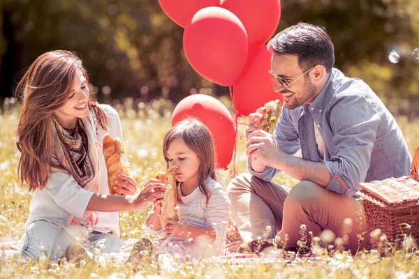 夏の公園で野外ピクニックを持つ娘を持つ親 — ストック写真