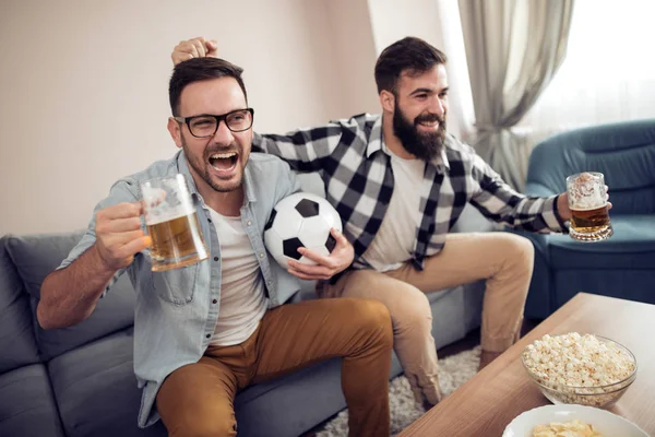 Two Young Football Fans Watching Soccer Home — Stock Photo, Image