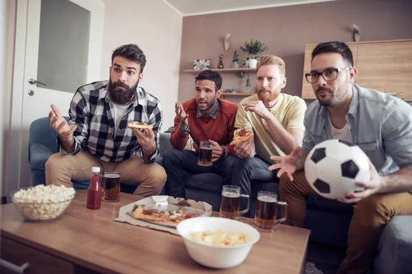 Group Friends Football Fans Watching Soccer Game Television Celebrating Goal — Stock Photo, Image