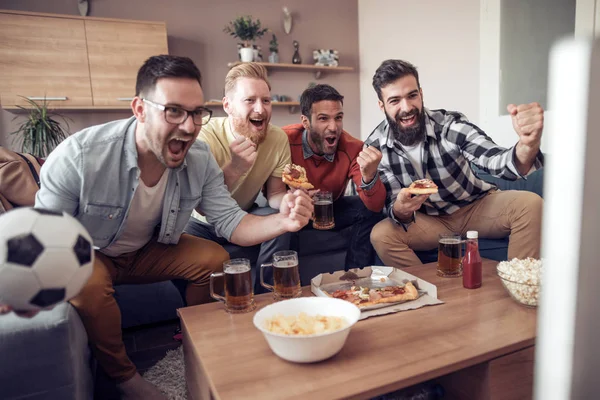 Group Friends Football Fans Watching Soccer Game Television Celebrating Goal — Stock Photo, Image