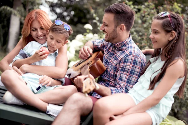 Happy Family Spending Time Garden Father Playing Guitar — Stock Photo, Image