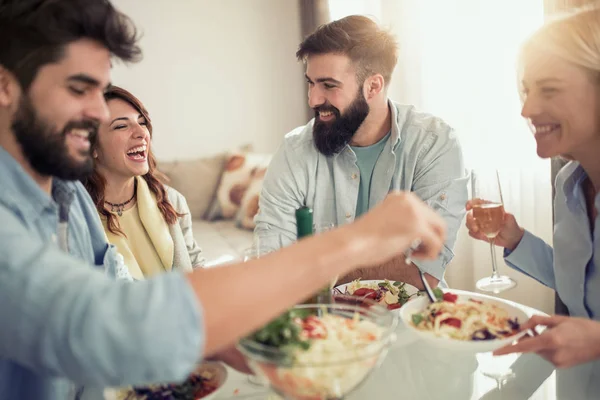 Group Friends Eating Healthy Meals Drinking Champagne Party Dinner — Stock Photo, Image