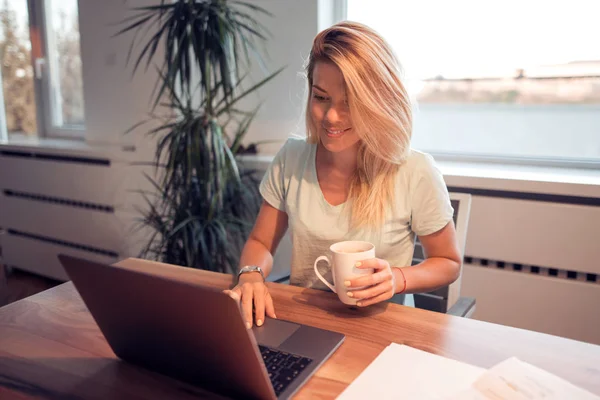 Attraktive Junge Frau Nutzt Laptop Und Arbeitet Hause Finanzen — Stockfoto