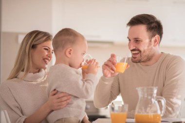 Aile onların mutfakta meyve suyu yapım. İnsanlar, aşk, Aile, gıda ve içecek konsepti.