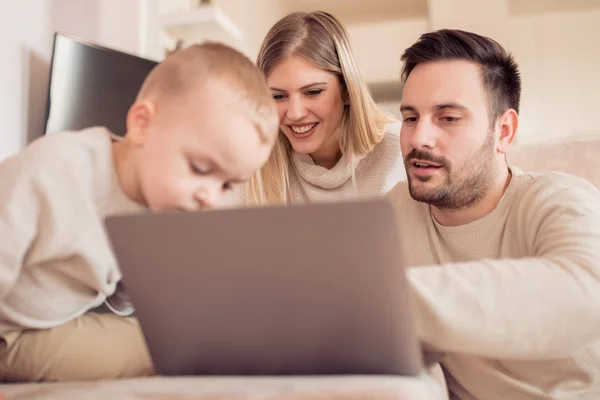 Young Family Watching Cartoon Laptop Together Having Fun Home — Stock Photo, Image