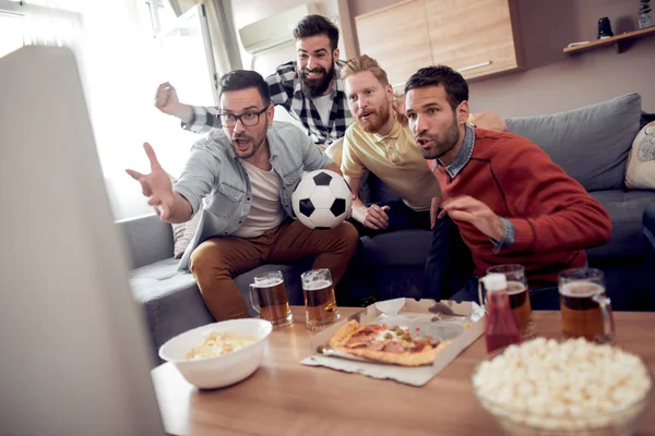 Soccer Fans Emotionally Watching Game Living Room — Stock Photo, Image