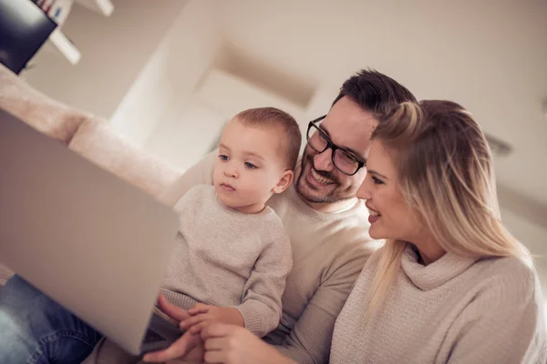 Young Family Watching Cartoon Laptop Together People Family Love Happiness — Stock Photo, Image
