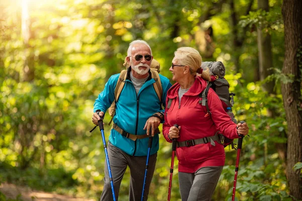 Glückliches Seniorenpaar Wandert Wald Abenteuer Reisen Wandern Und Menschen Konzept — Stockfoto