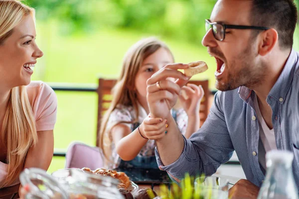 Happy Moments Together Family Enjoying Terrace Together Selective Focus Mother — стоковое фото