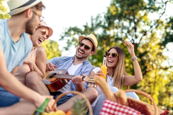 Sommer Urlaubs Musik Und Erholungszeitkonzept Gruppe Fröhlicher Freunde Die Spaß — Stockfoto