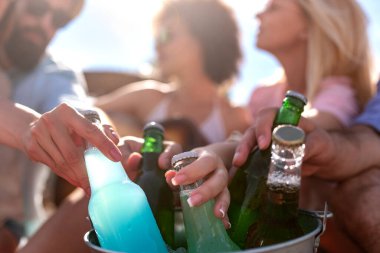 Bir grup genç sahilde eğleniyor, içiyor ve kadeh kaldırıyor..