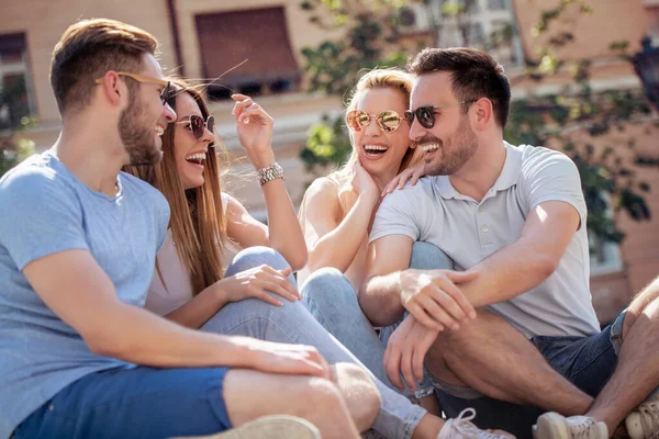 Happy Cheerful Best Friends Sitting Stairs Having Fun — Stock Photo, Image