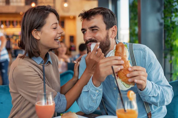 Young Couple Sitting Cafe Having Breakfast Love Romance Dating Concept — Stock Photo, Image