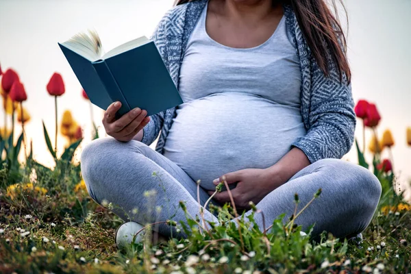 Jovem Grávida Lendo Livro Enquanto Relaxa Parque — Fotografia de Stock