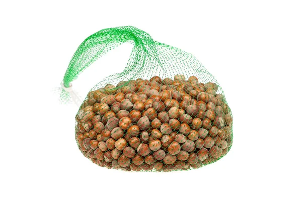 Green net with hazelnuts, isolated on white — Stock Photo, Image
