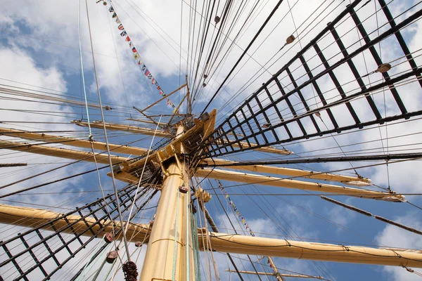 Mast and ropes of an ancient sailing ship. Bottom view