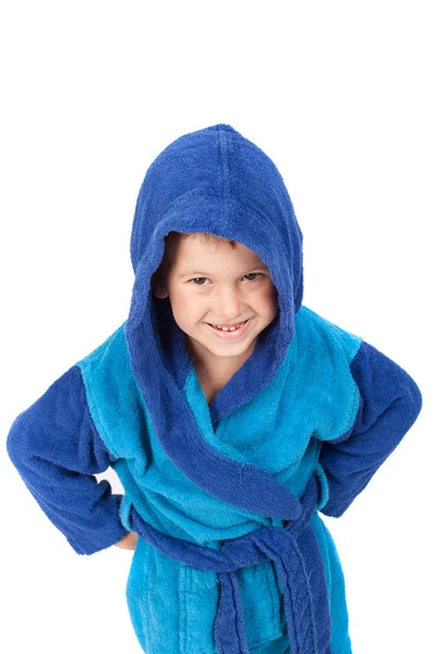 Little boy dressing blue bathrobe, smiling, isolated on white — Stock Photo, Image