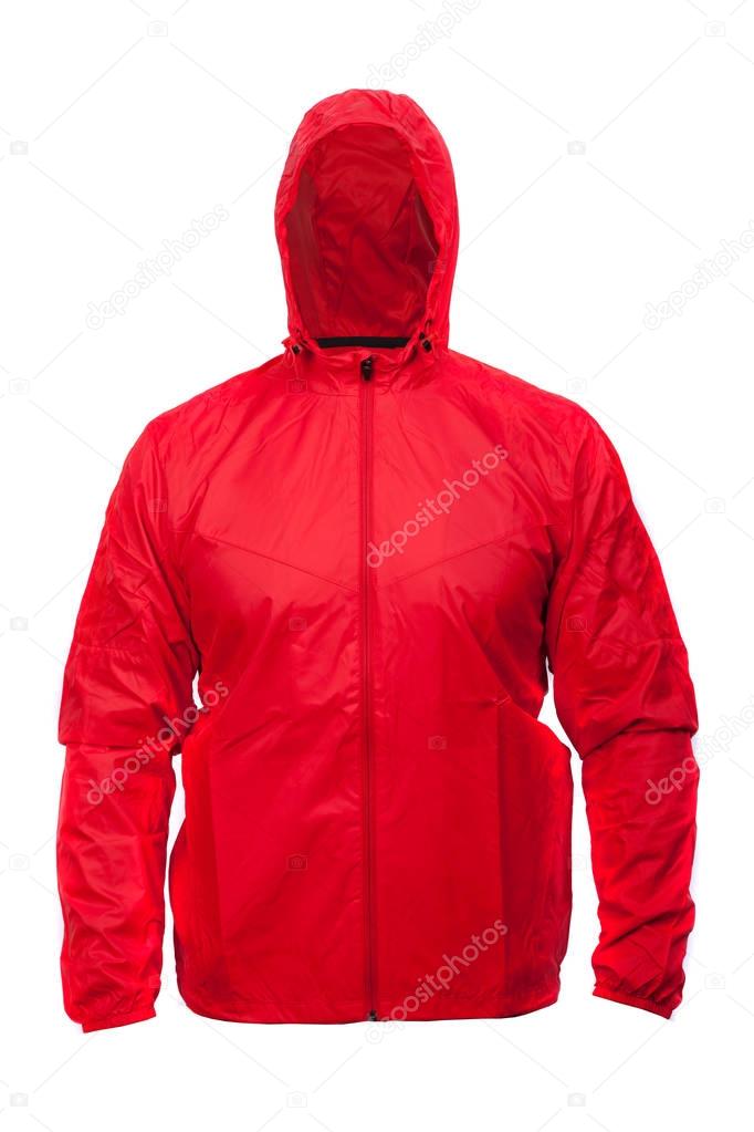 Red windbreaker sports jacket with hood, isolated on white