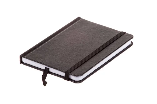 Cuaderno de cubierta de cuero negro en blanco, aislado en blanco — Foto de Stock