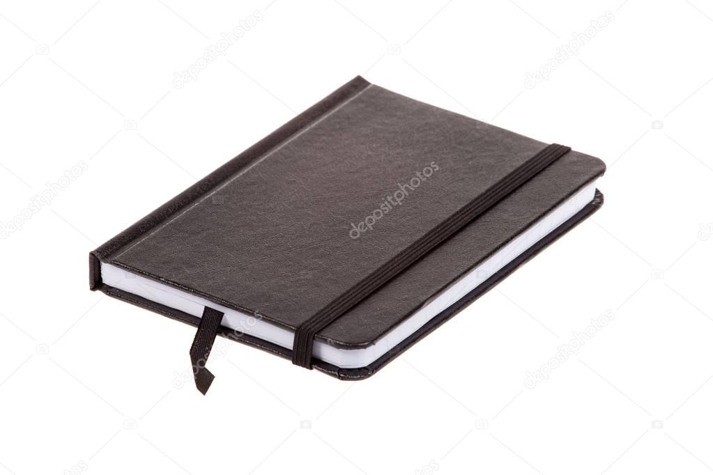 Blank black leather cover notebook, isolated on white