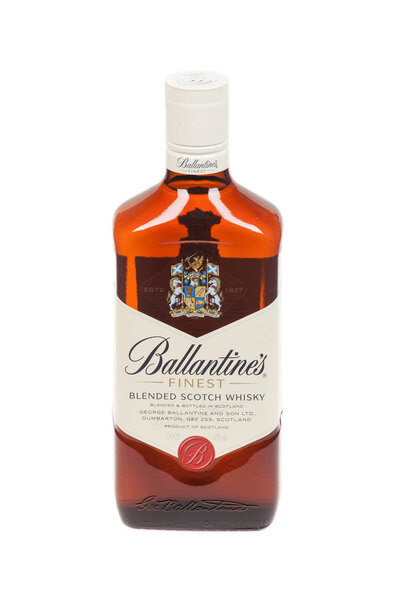 Varna, Bulgaria - September 21, 2016: Ballantines whisky isolated on white background. Ballantines is blended scotch whisky produced produced by Pernod Ricard in Dumbarton, Scotland.