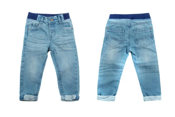Vista anteriore e posteriore di jeans blu per bambini, isolati su bianco — Foto Stock