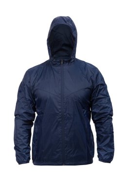 Kapüşonlu mavi rüzgarlık spor ceket, beyaz üzerine izole