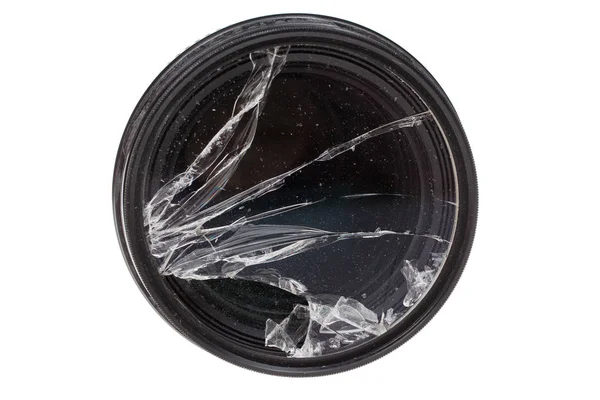 Broken DSLR camera lens filter glass, isolated on white — Stock Photo, Image