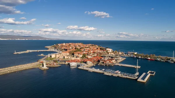 General view of Nessebar, ancient city on the Black Sea coast of Bulgaria. Panoramic aerial view. — Stock Photo, Image