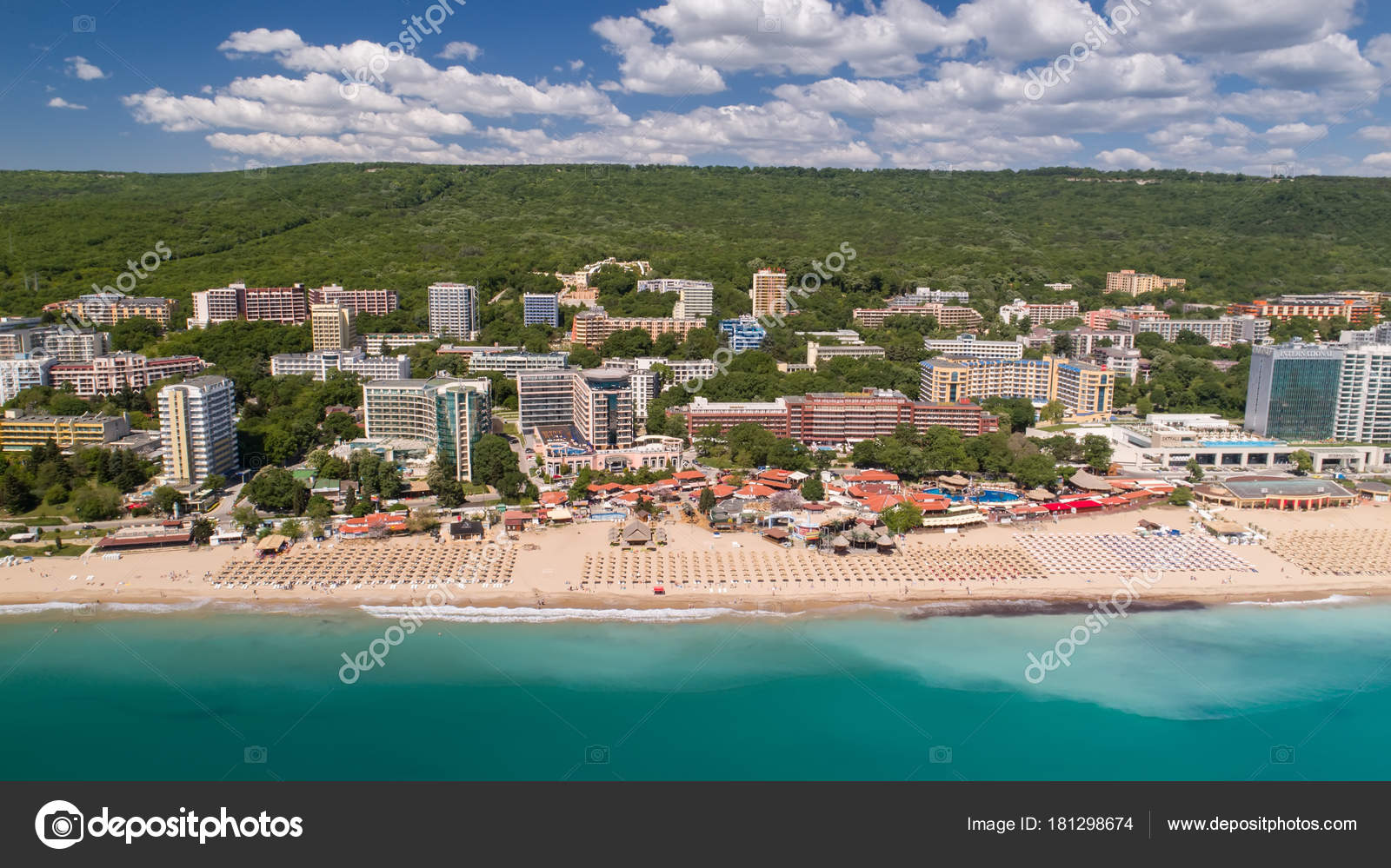 Aerial view of the beach and hotels in Golden Sands, Zlatni Piasaci. 
