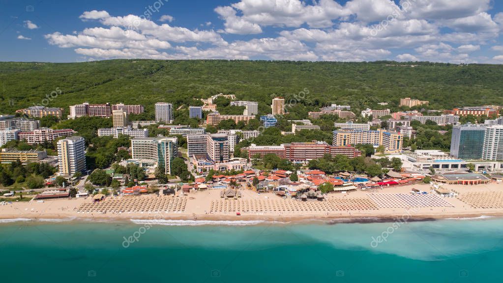 GOLDEN SANDS BEACH, VARNA, BULGARIA MAY 19, 2017. Aerial view of the