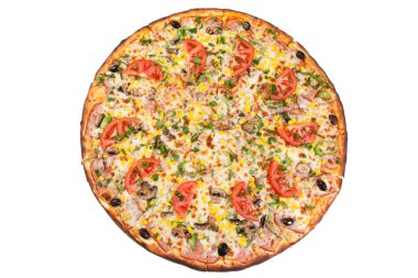 Güzel pizza, üzerinde beyaz izole. Üstten Görünüm