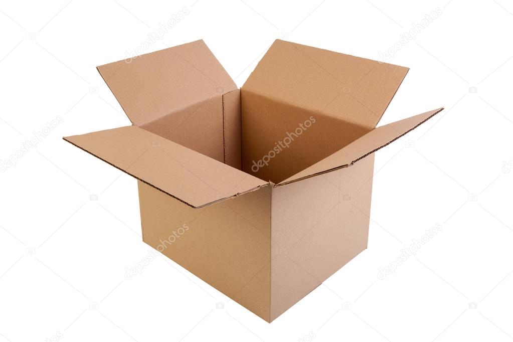 Simple brown, open and empty carton box, isolated on white
