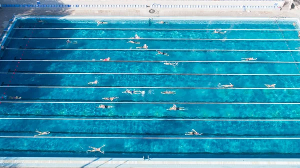 Aerial view of swimming pool with marked lanes and swimmers. — Stock Photo, Image