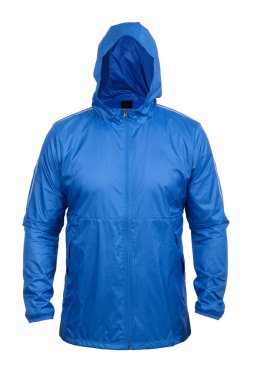 Kapüşonlu mavi rüzgarlık spor ceket, beyaz üzerine izole