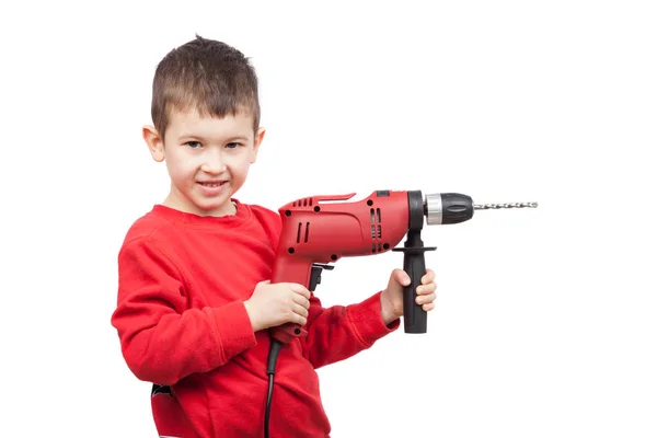 Porträt Eines Glücklichen Kleinen Jungen Mit Elektrischer Bohrmaschine Ein Kleiner — Stockfoto