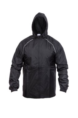 Siyah rüzgarlık kapüşonlu, beyaz tenli spor ceket.