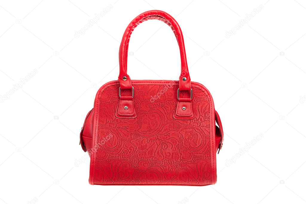 Red leather elegant women bag. Fashionable female handbag, isolated