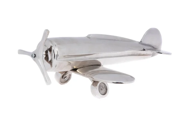 Metal vintage aircraft toy, with front propeller. Isolated on white Stock Photo