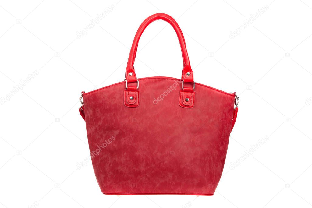 Red, nubuck, leather elegant women bag. Fashionable female handbag, isolated