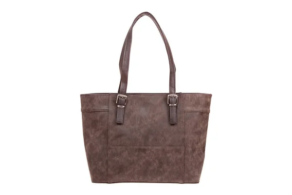 Braune, elegante Damentasche aus Nubuk und Leder. Modische Damenhandtasche, isoliert — Stockfoto
