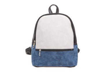 Beyaz mavi deri çantalı, modern çantalı. Beyazda izole edilmiş. Moda çantası..