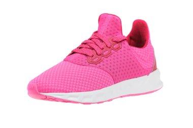Pembe kadın sporu, koşu ayakkabısı, beyaz arka planda izole edilmiş.