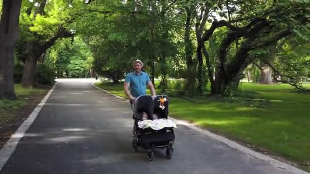 Pai Com Filhos Carrinho Duplo Num Parque Homem Empurrando Gêmeos — Vídeo de Stock