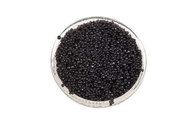Zwarte kaviaar in glazen pot, geïsoleerd op wit — Stockfoto