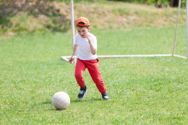 Little Boy Kicking Ball Park Playing Soccer Football Park Sports — Stock Photo, Image