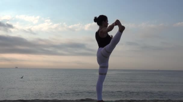 Kumsalda Yoga Yapan Bir Kadın Açık Hava Sporları Sağlıklı Yaşam — Stok video