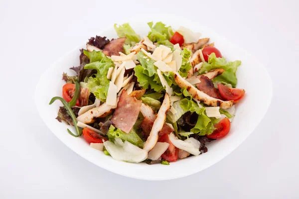 Fresh Caesar Salad Chicken Fillet Cherry Tomatoes White Plate — Stock Photo, Image