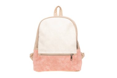 Beyaz, pembe, modern bir çanta, sırt çantası. Beyazda izole edilmiş. Moda çantası..